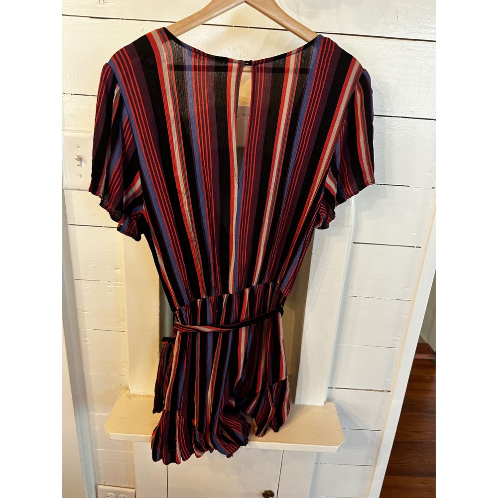 Lush Womens Multi Color Striped Ruffle Hem Surplice Romper Size M Red Blue Black